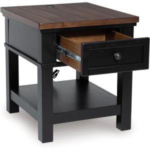 Signature Design by Ashley Wildenauer Casual Rectangular End Table with Lower Shelf and USB Charging, Storage Drawer, Wood, 24.13″ High, Light Brown & Black(Brown/Black)