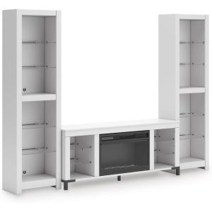 Signature Design by Ashley Brollevi Modern 3-Piece Entertainment Center with Electric Fireplace for TVs up to 68″, White