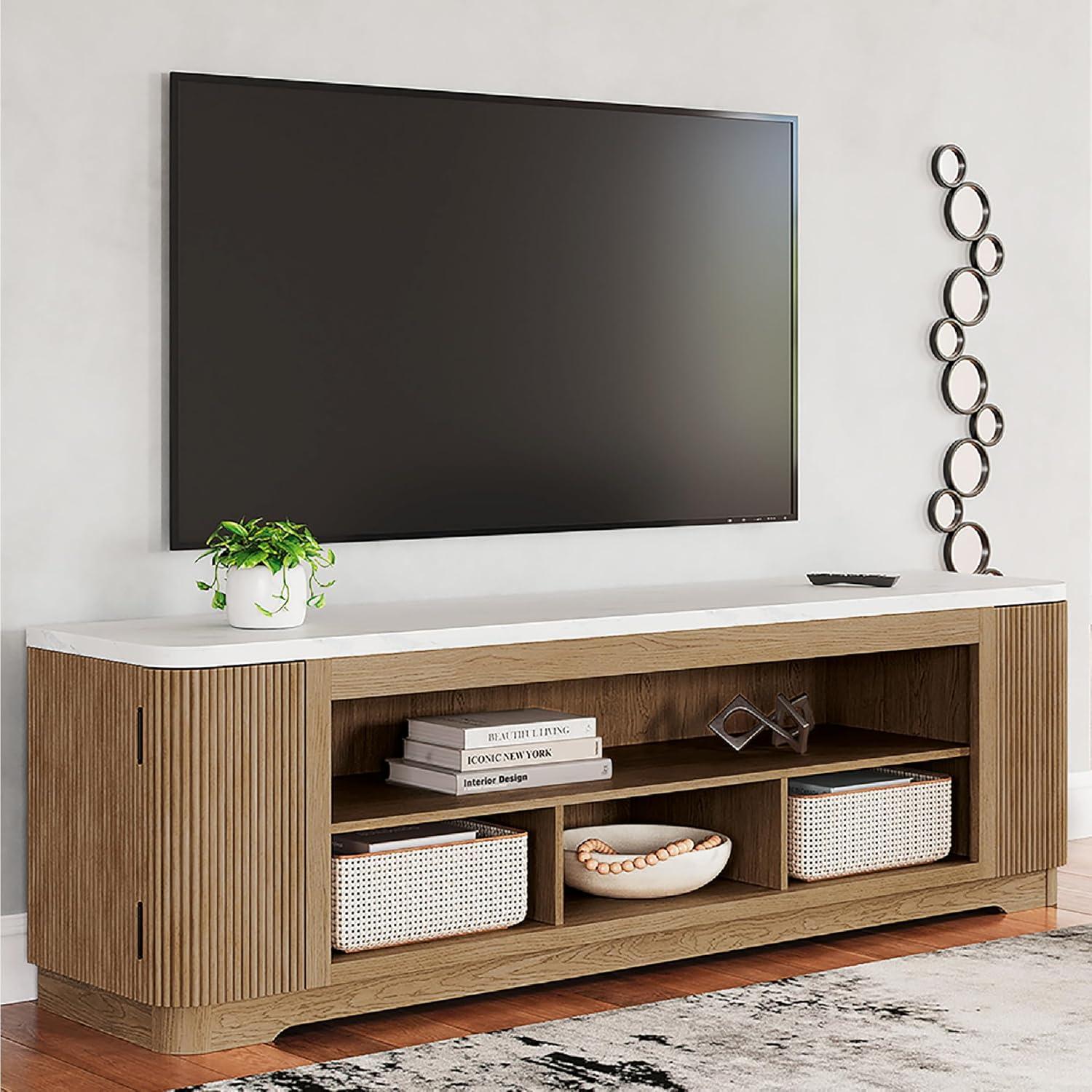 imageSignature Design by Ashley Camdill Modern 80 TV Stand with Electric Fireplace for TVs up to 91 Light BrownWhiteTV Stand