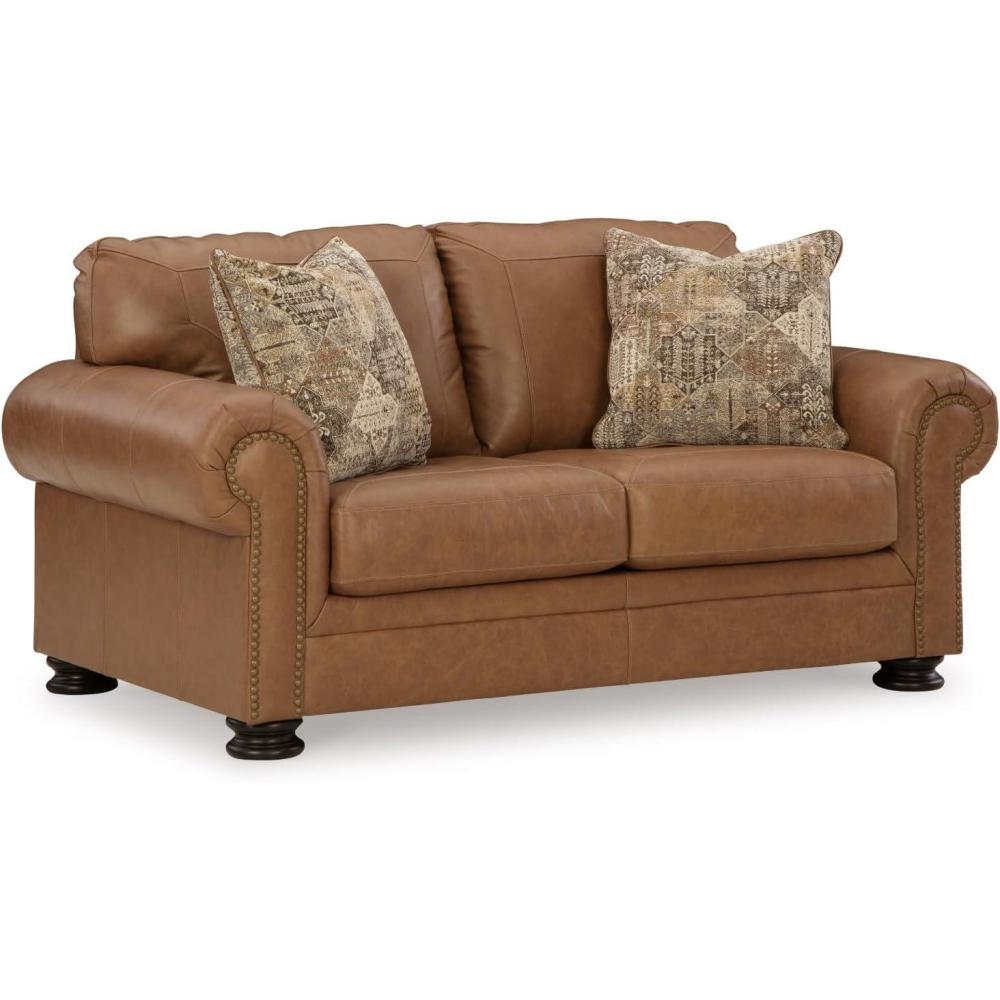 imageSignature Design by Ashley Carianna Classic Leather Match Loveseat with Nailhead Trim Dark Brown