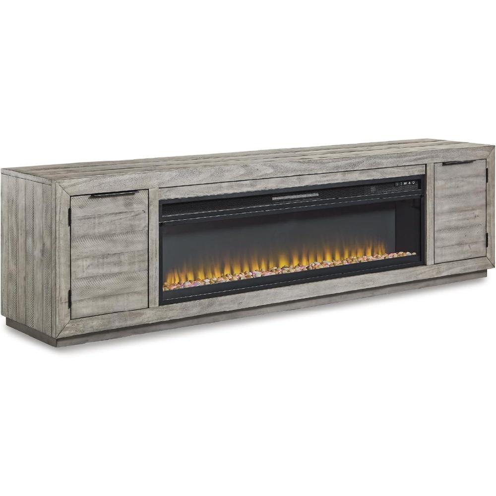 imageSignature Design by Ashley Krystanza Rustic 92 TV Stand with Electric Fireplace for TVs up to 105 GrayGrey