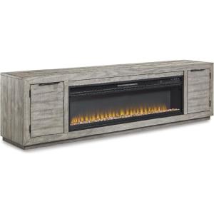 Signature Design by Ashley Krystanza Rustic 92″ TV Stand with Electric Fireplace for TVs up to 105″, Gray(Grey)