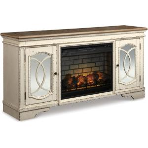 Signature Design by Ashley Realyn Vintage Casual TV Stand with Electric Fireplace, Heats Larger Rooms, Bronze Hardware, Wood, 74″ Wide, White & Brown(74″ TV Stand with Electric Fireplace)