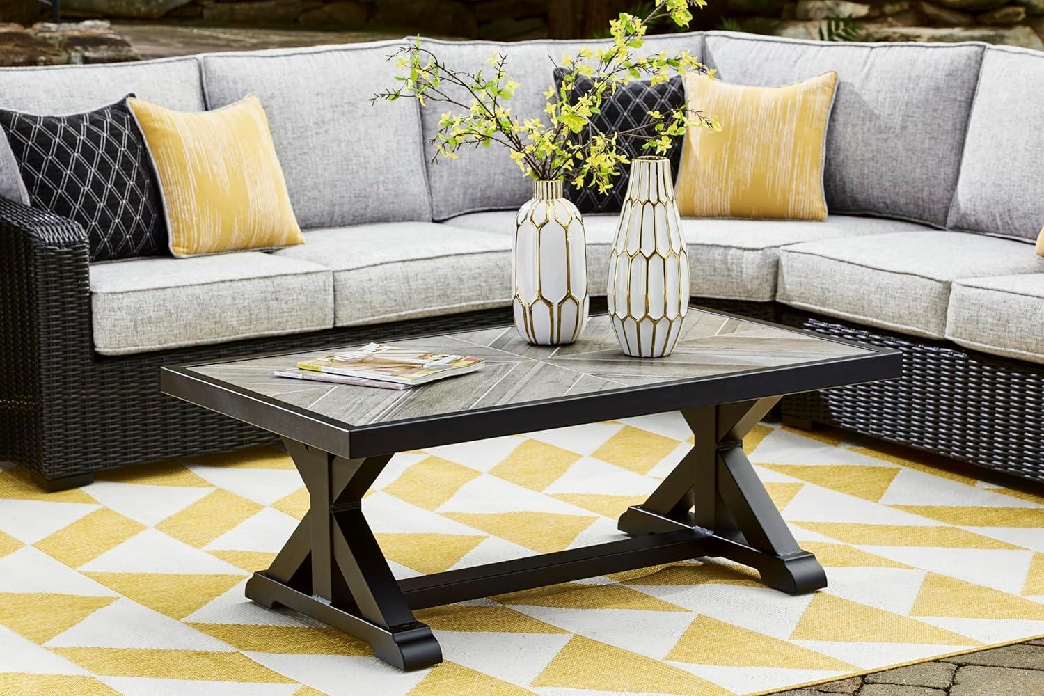 imageSignature Design by Ashley Beachcroft Farmhouse Weather and Rust Resistant Outdoor Coffee Table with Porcelain Tabletop Black amp Light GrayBlack