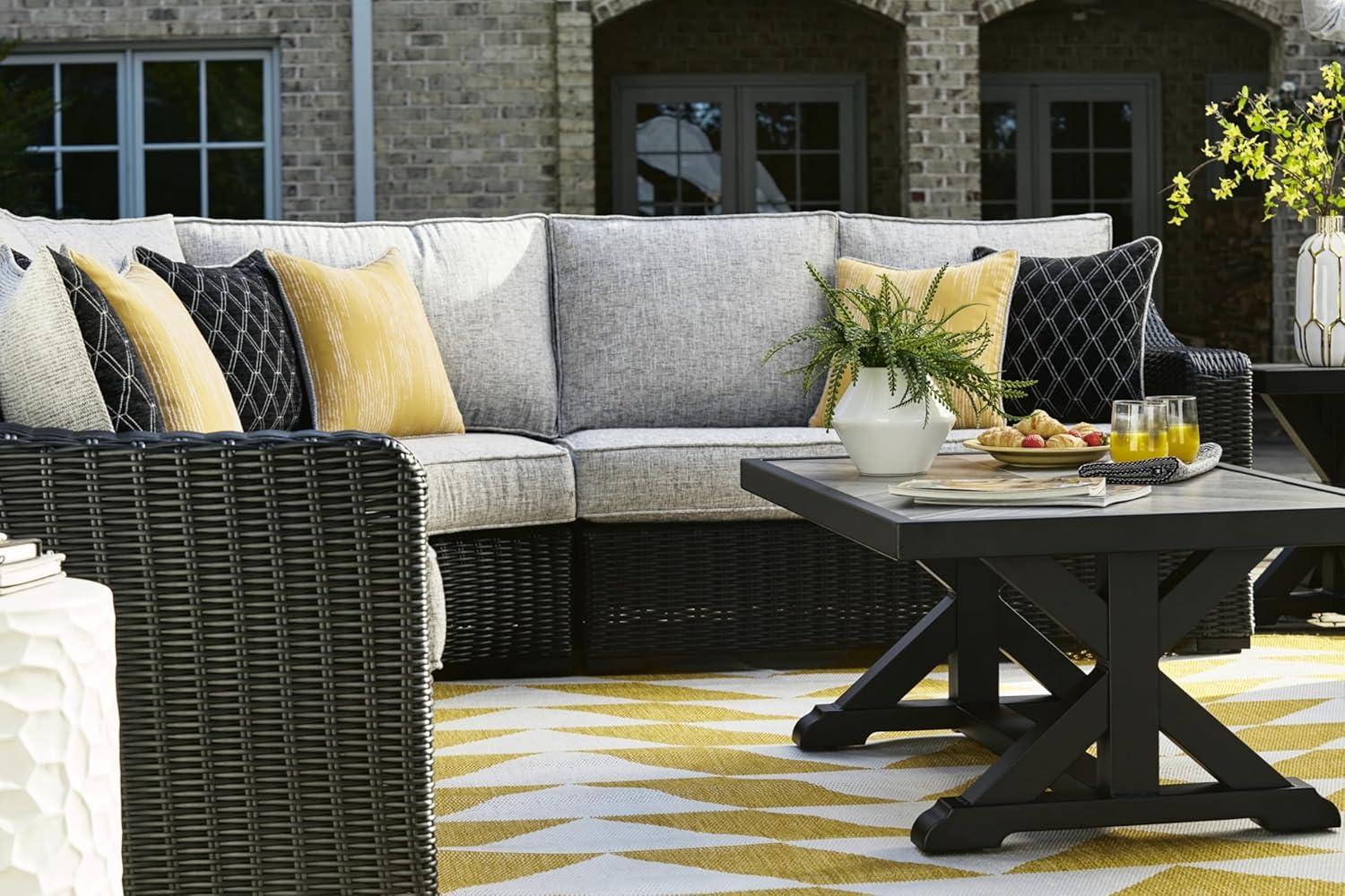 imageSignature Design by Ashley Beachcroft Farmhouse Weather and Rust Resistant Outdoor Coffee Table with Porcelain Tabletop Black amp Light GrayBlack
