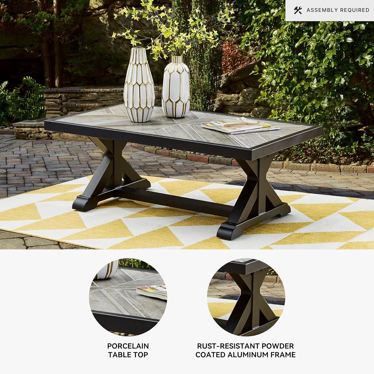 imageSignature Design by Ashley Beachcroft Farmhouse Weather and Rust Resistant Outdoor Coffee Table with Porcelain Tabletop Black amp Light GrayBlack