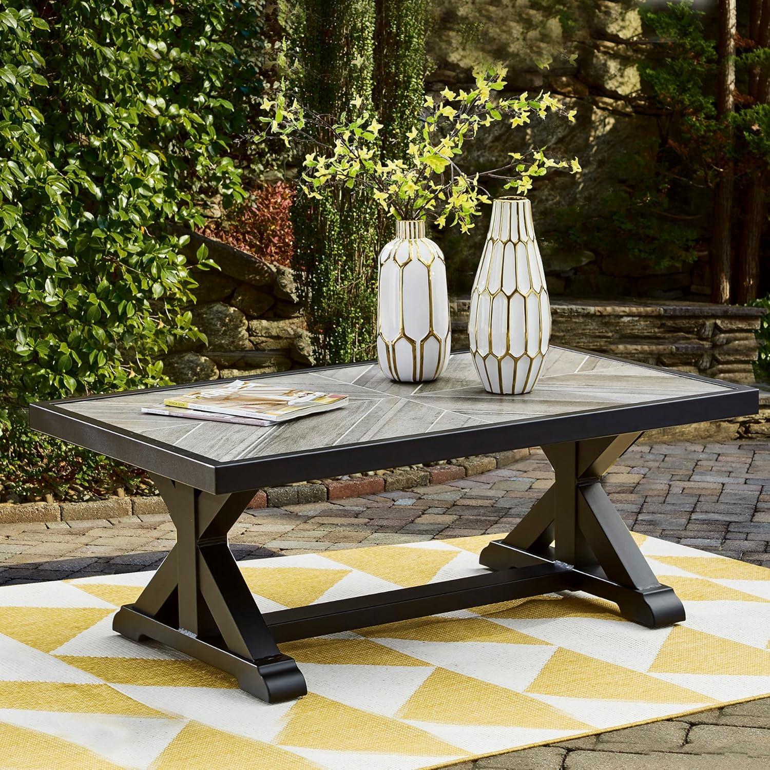 imageSignature Design by Ashley Beachcroft Farmhouse Weather and Rust Resistant Outdoor Coffee Table with Porcelain Tabletop Black amp Light GrayBlack