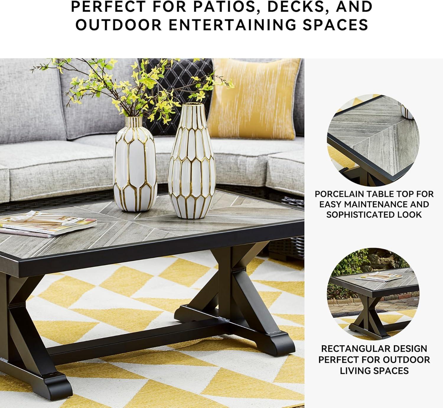 imageSignature Design by Ashley Beachcroft Farmhouse Weather and Rust Resistant Outdoor Coffee Table with Porcelain Tabletop Black amp Light GrayBlack