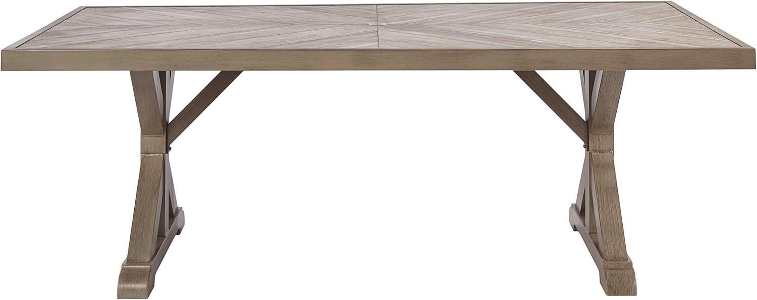 imageSignature Design by Ashley Beachcroft Modern Farmhouse Outdoor Dining Table with Porcelain Top and Upholstered Bench Beige