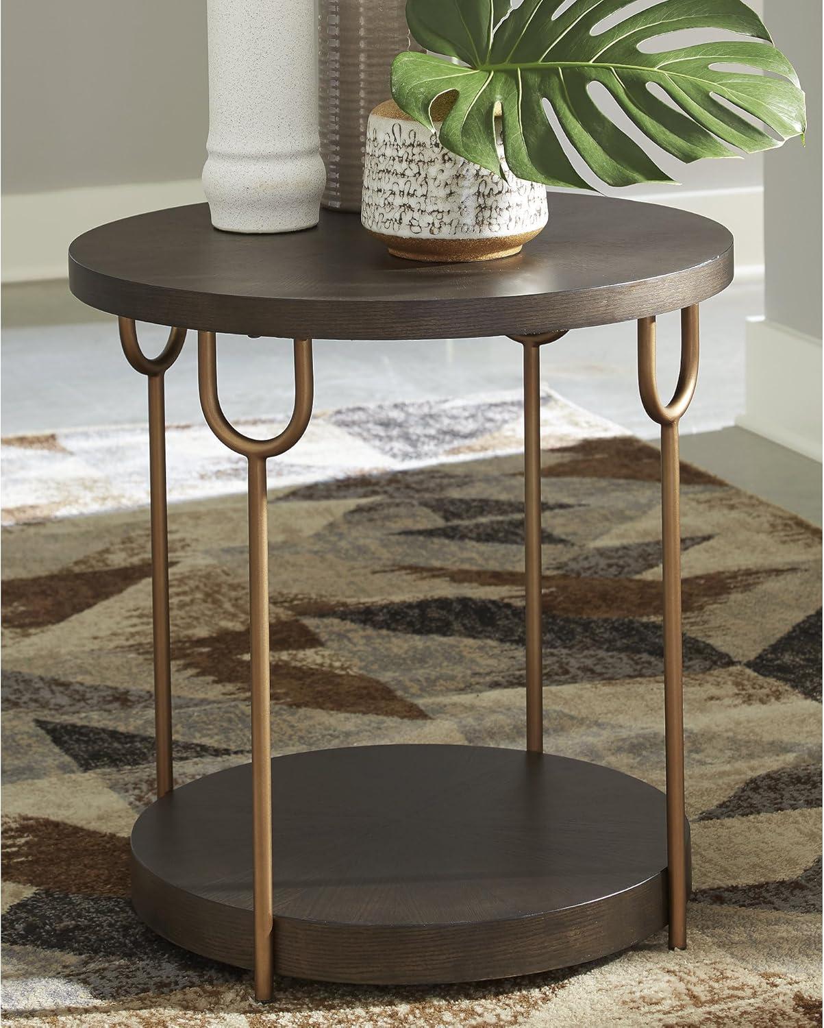 imageSignature Design by Ashley Brazburn Industrail Round End Table with Shelf Dark Brown amp MetallicDark Brown Metallic