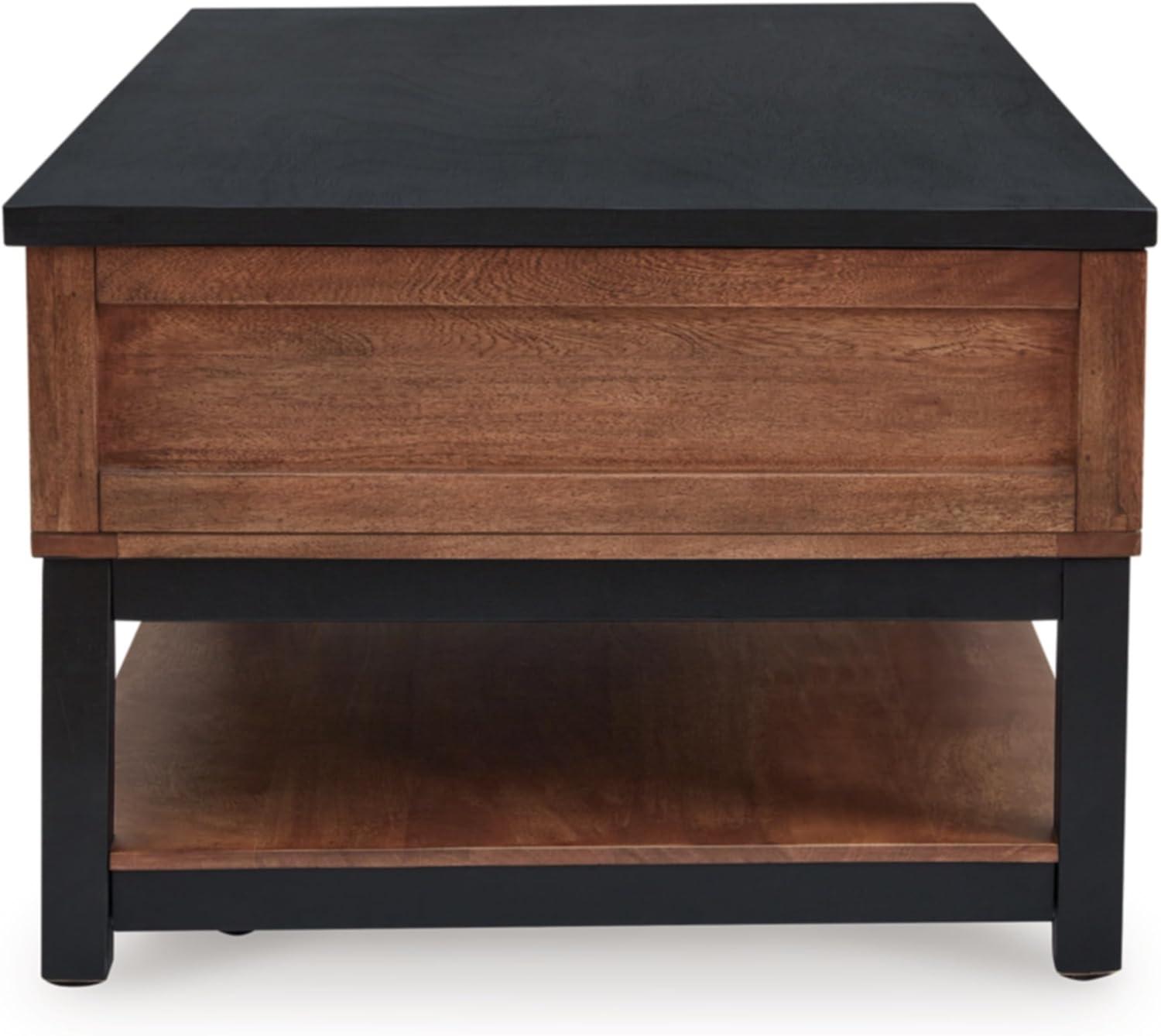 imageSignature Design by Ashley Kallari Casual Lift Top Coffee Table with 2 Storage Bins TwoTone Mango Wood 4775 W x 2625 D x 1963 H BrownBlackLiftTop Coffee Table