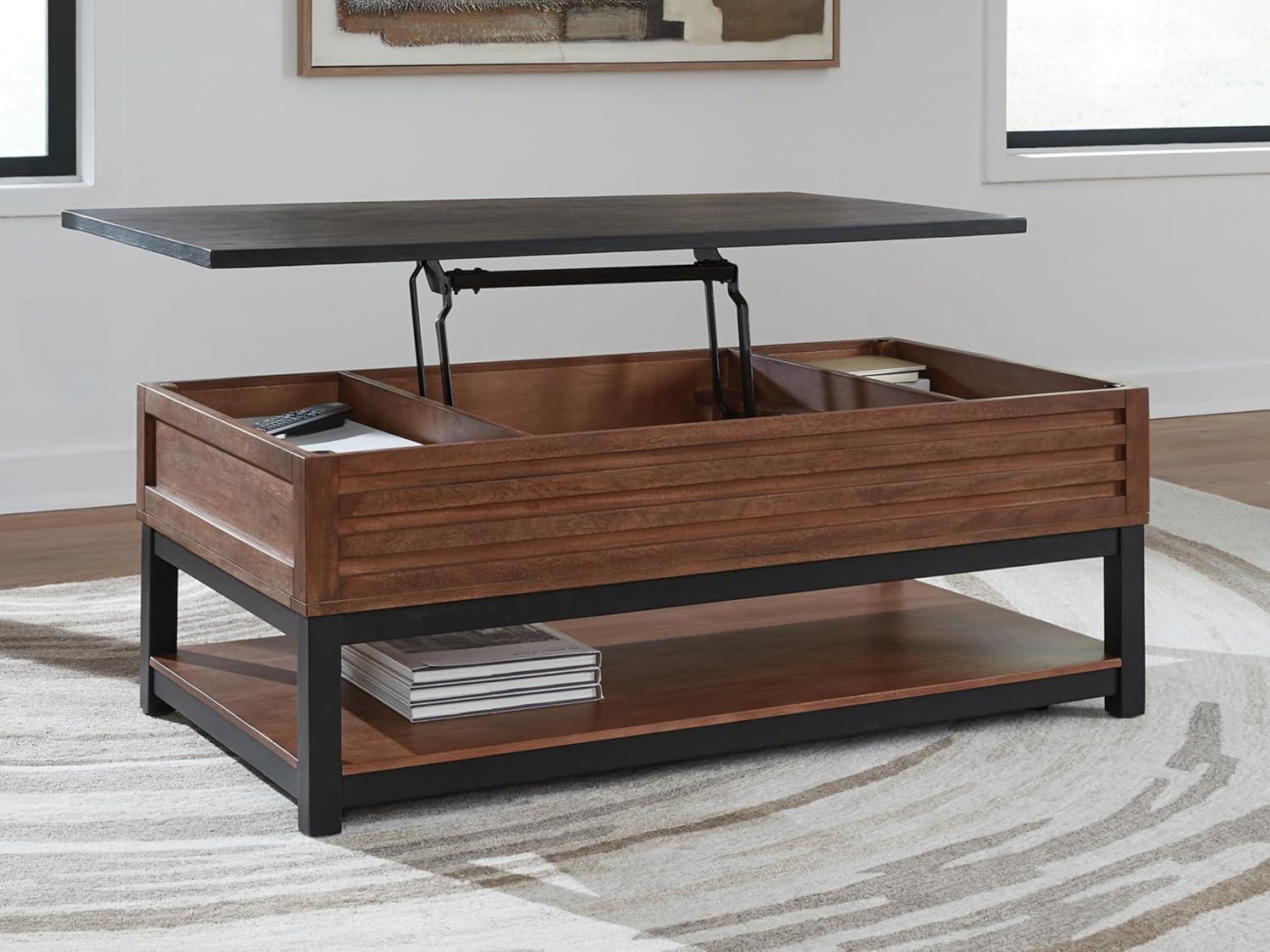 imageSignature Design by Ashley Kallari Casual Lift Top Coffee Table with 2 Storage Bins TwoTone Mango Wood 4775 W x 2625 D x 1963 H BrownBlackLiftTop Coffee Table