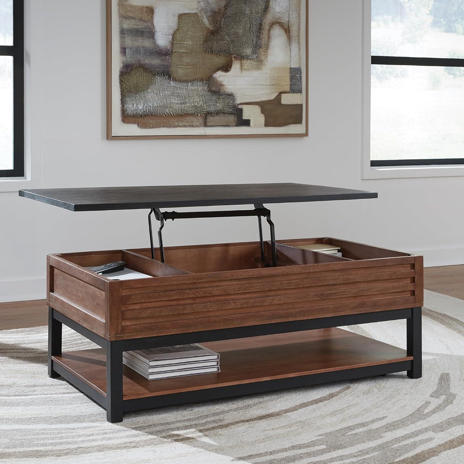 imageSignature Design by Ashley Kallari Casual Lift Top Coffee Table with 2 Storage Bins TwoTone Mango Wood 4775 W x 2625 D x 1963 H BrownBlackLiftTop Coffee Table