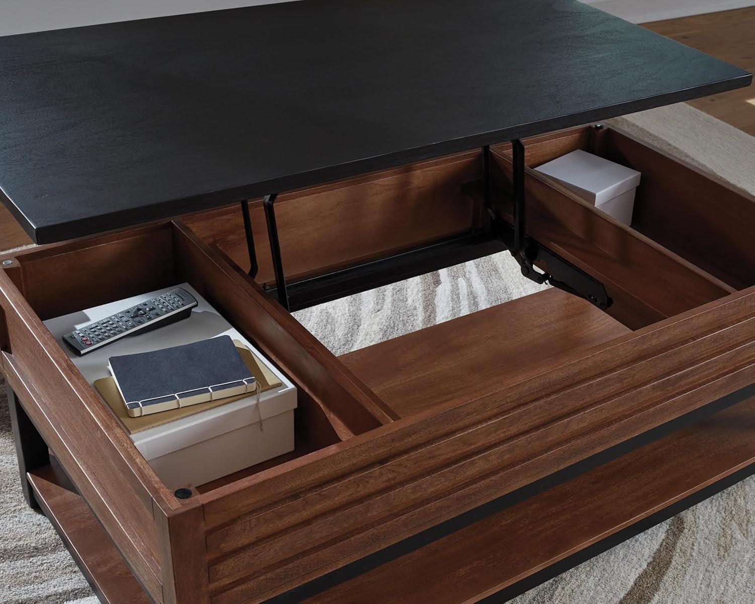 imageSignature Design by Ashley Kallari Casual Lift Top Coffee Table with 2 Storage Bins TwoTone Mango Wood 4775 W x 2625 D x 1963 H BrownBlackLiftTop Coffee Table