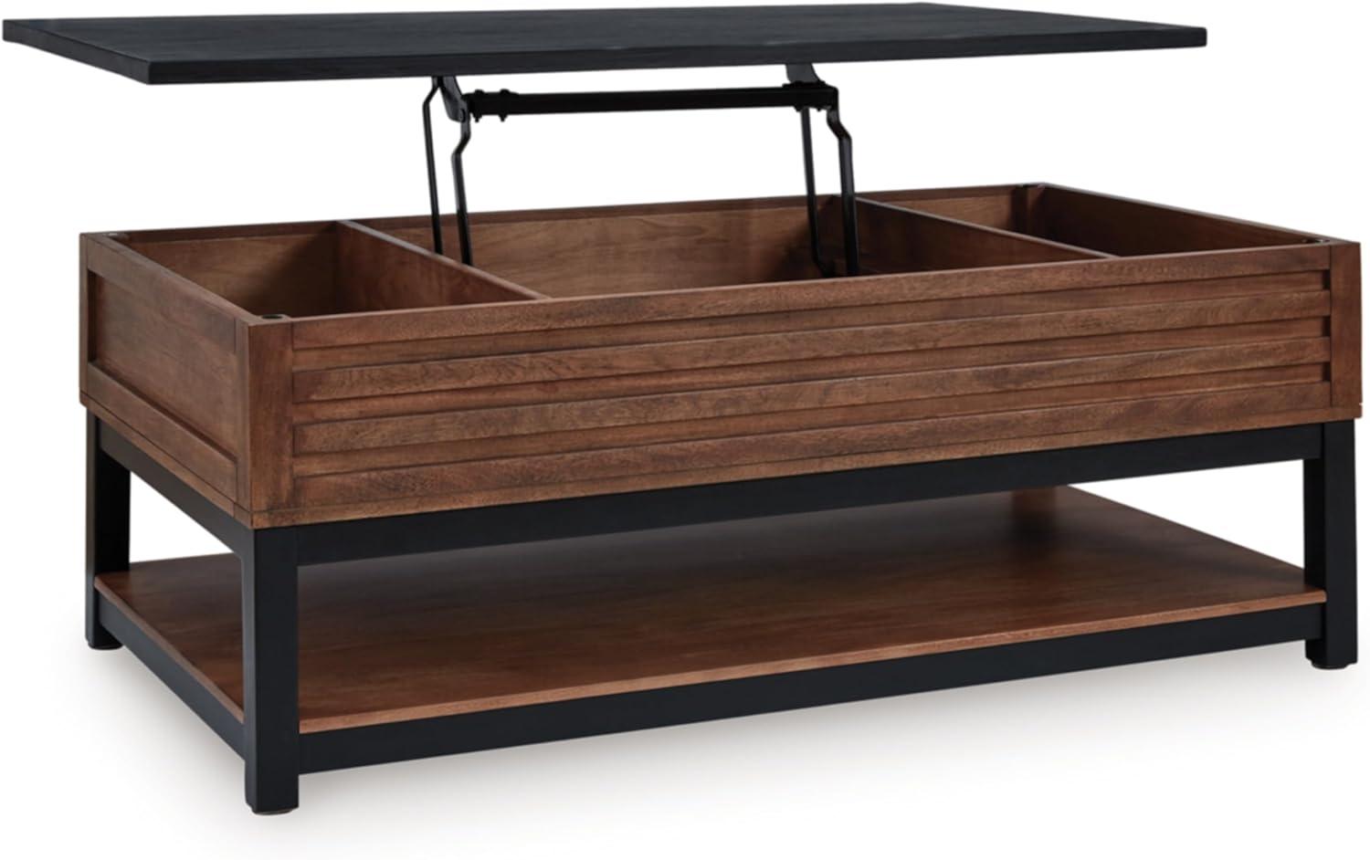 imageSignature Design by Ashley Kallari Casual Lift Top Coffee Table with 2 Storage Bins TwoTone Mango Wood 4775 W x 2625 D x 1963 H BrownBlackLiftTop Coffee Table