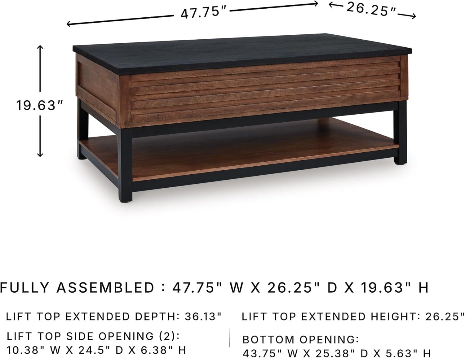 imageSignature Design by Ashley Kallari Casual Lift Top Coffee Table with 2 Storage Bins TwoTone Mango Wood 4775 W x 2625 D x 1963 H BrownBlackLiftTop Coffee Table