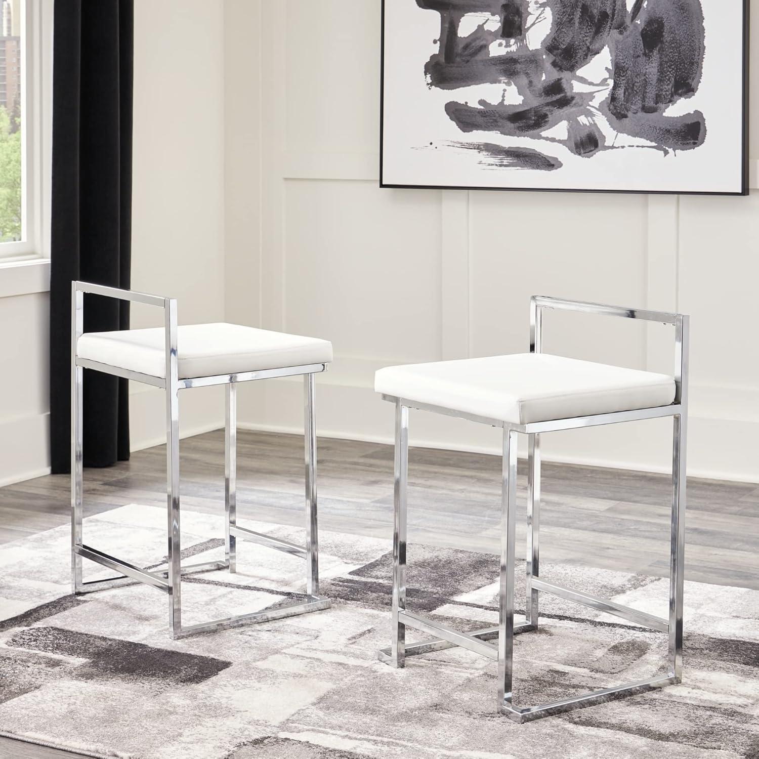 imageSignature Design by Ashley Madanere Contemporary Tall Upholstered Stool with Metal Frame 2 Count White amp ChromeWhite