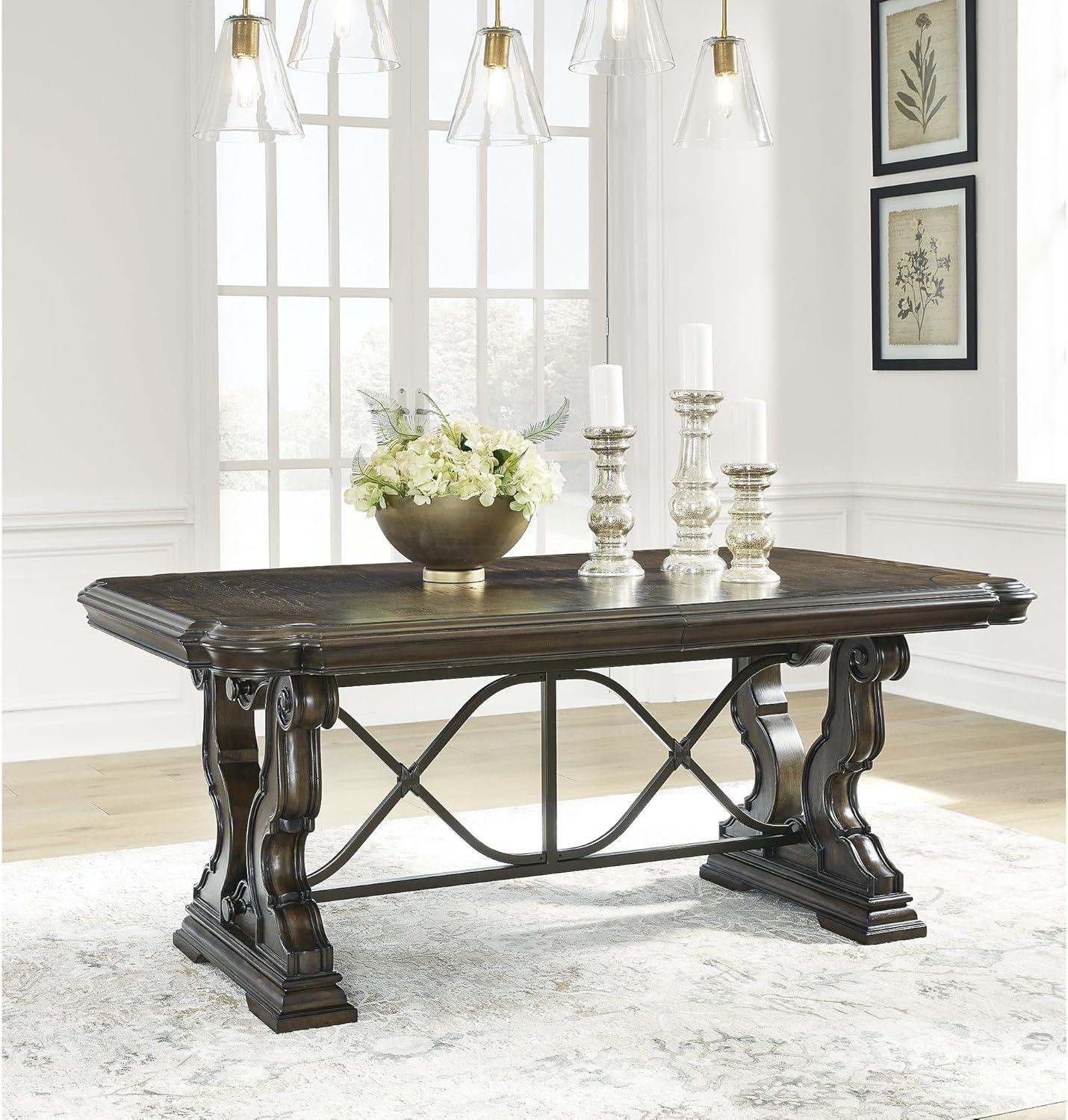 imageSignature Design by Ashley Maylee Classic Dining Extension Table with Removable Center Leaves and Double Pedestal Base Seats Up to 8 Dark BrownDining Extension Table
