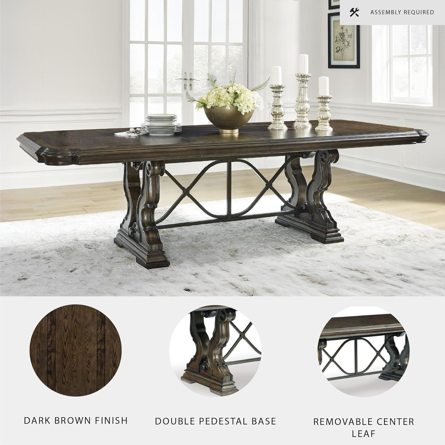 imageSignature Design by Ashley Maylee Classic Dining Extension Table with Removable Center Leaves and Double Pedestal Base Seats Up to 8 Dark BrownDining Extension Table