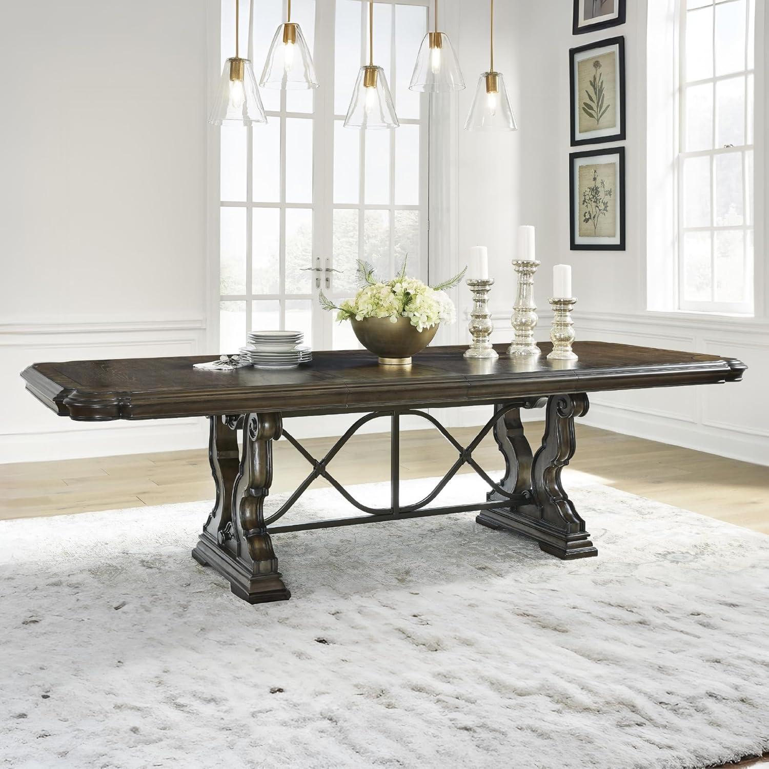 imageSignature Design by Ashley Maylee Classic Dining Extension Table with Removable Center Leaves and Double Pedestal Base Seats Up to 8 Dark BrownDining Extension Table