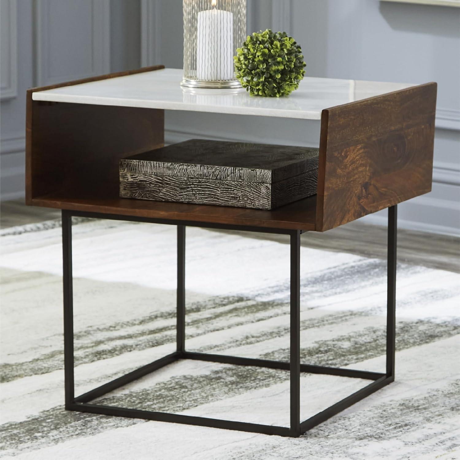 imageSignature Design by Ashley Rusitori Modern Rectangular End Table with White Marble Top Light Brown Wood Finish