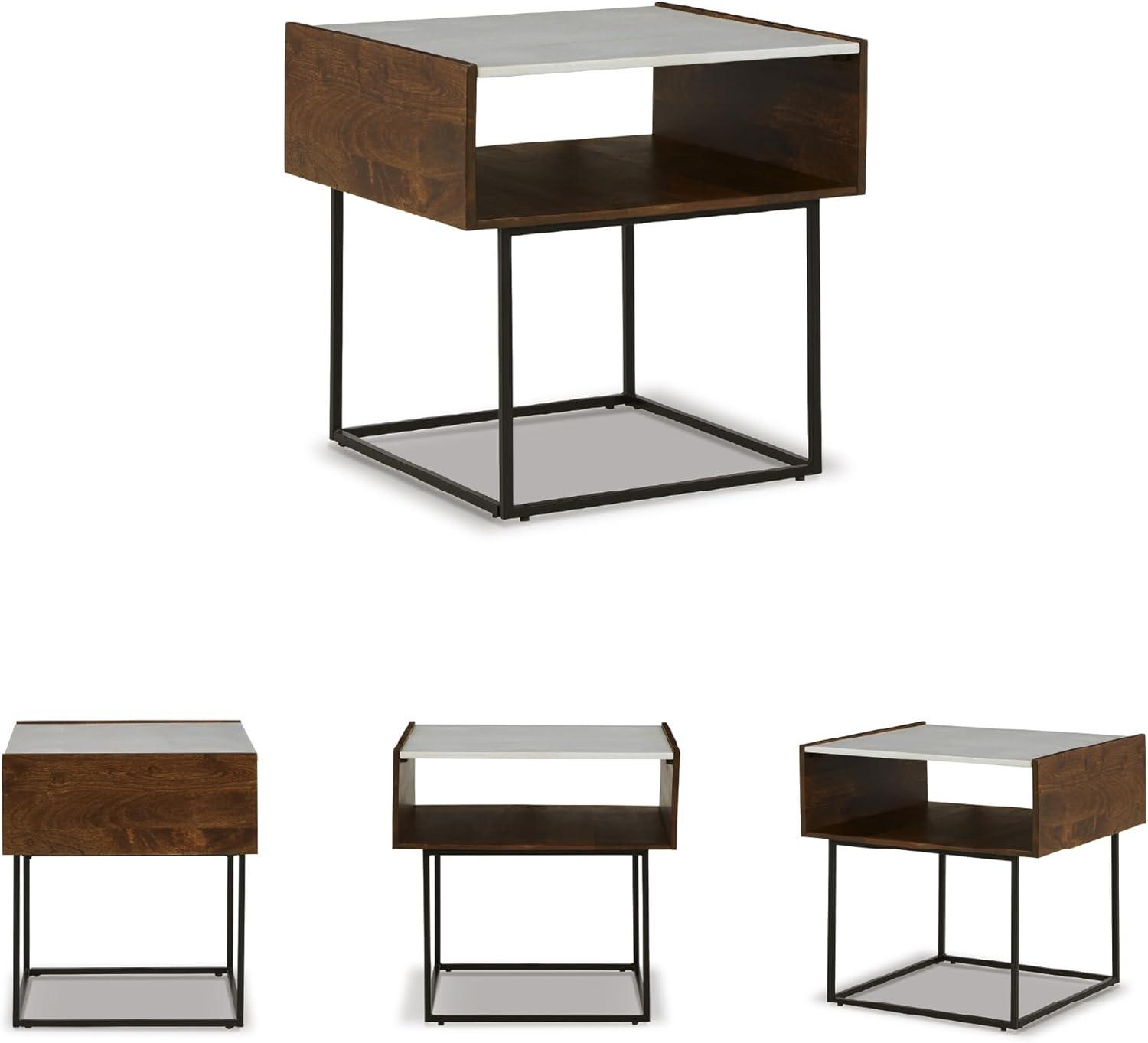 imageSignature Design by Ashley Rusitori Modern Rectangular End Table with White Marble Top Light Brown Wood Finish