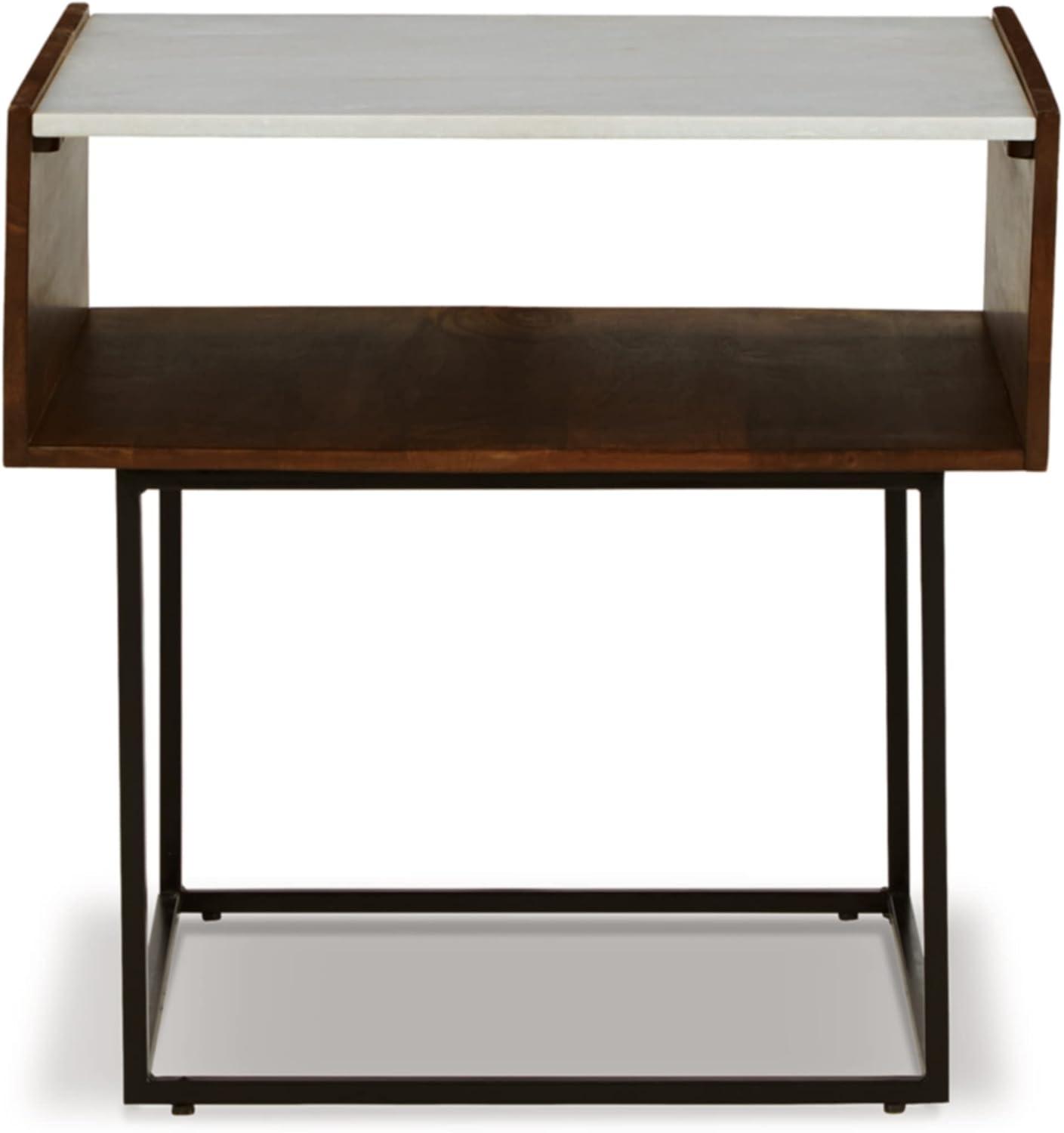 imageSignature Design by Ashley Rusitori Modern Rectangular End Table with White Marble Top Light Brown Wood Finish