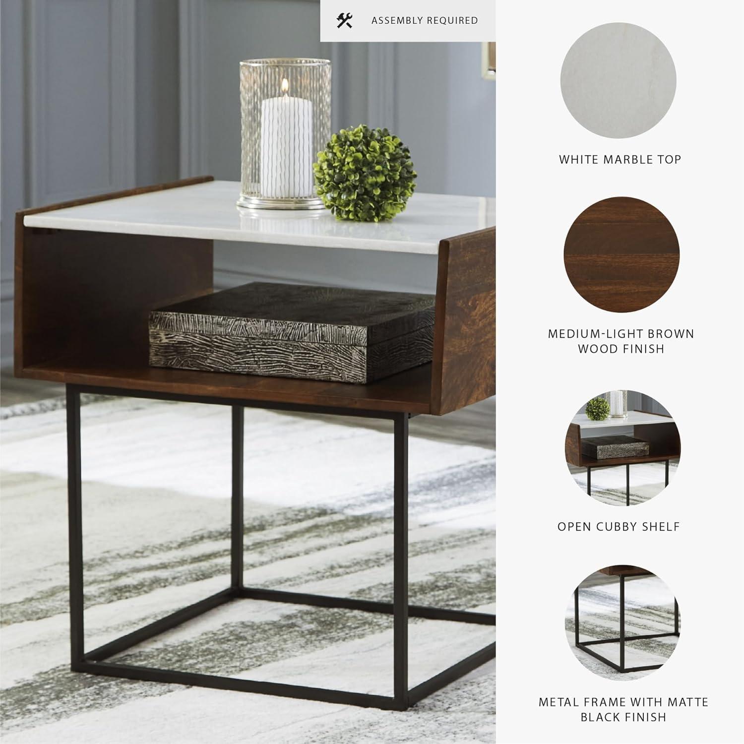 imageSignature Design by Ashley Rusitori Modern Rectangular End Table with White Marble Top Light Brown Wood Finish