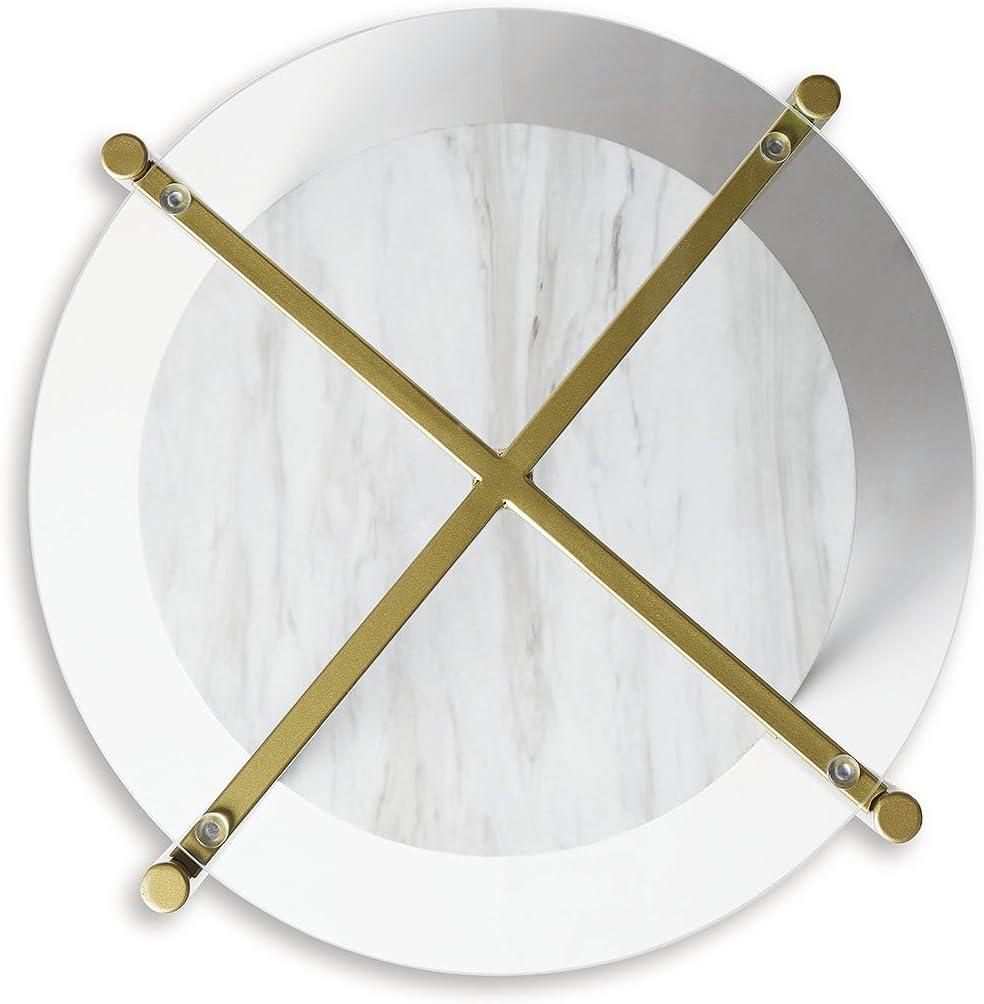 imageSignature Design by Ashley Wynora Contemporary Round End Table with Glass amp Faux Marble White amp Gold