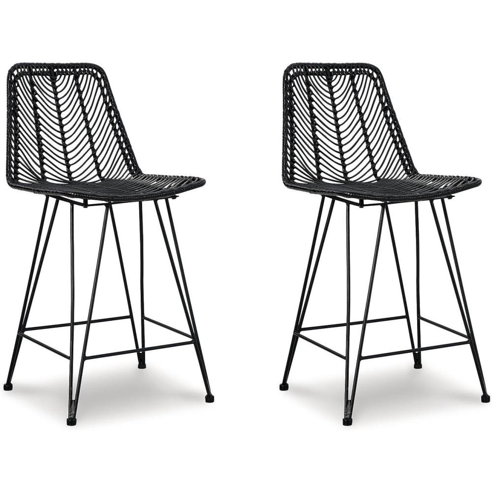 imageSignature Design by Ashley Angentree Bohemian Wicker Counter Height Barstool with Footrest 2 Count Black amp GrayBlack