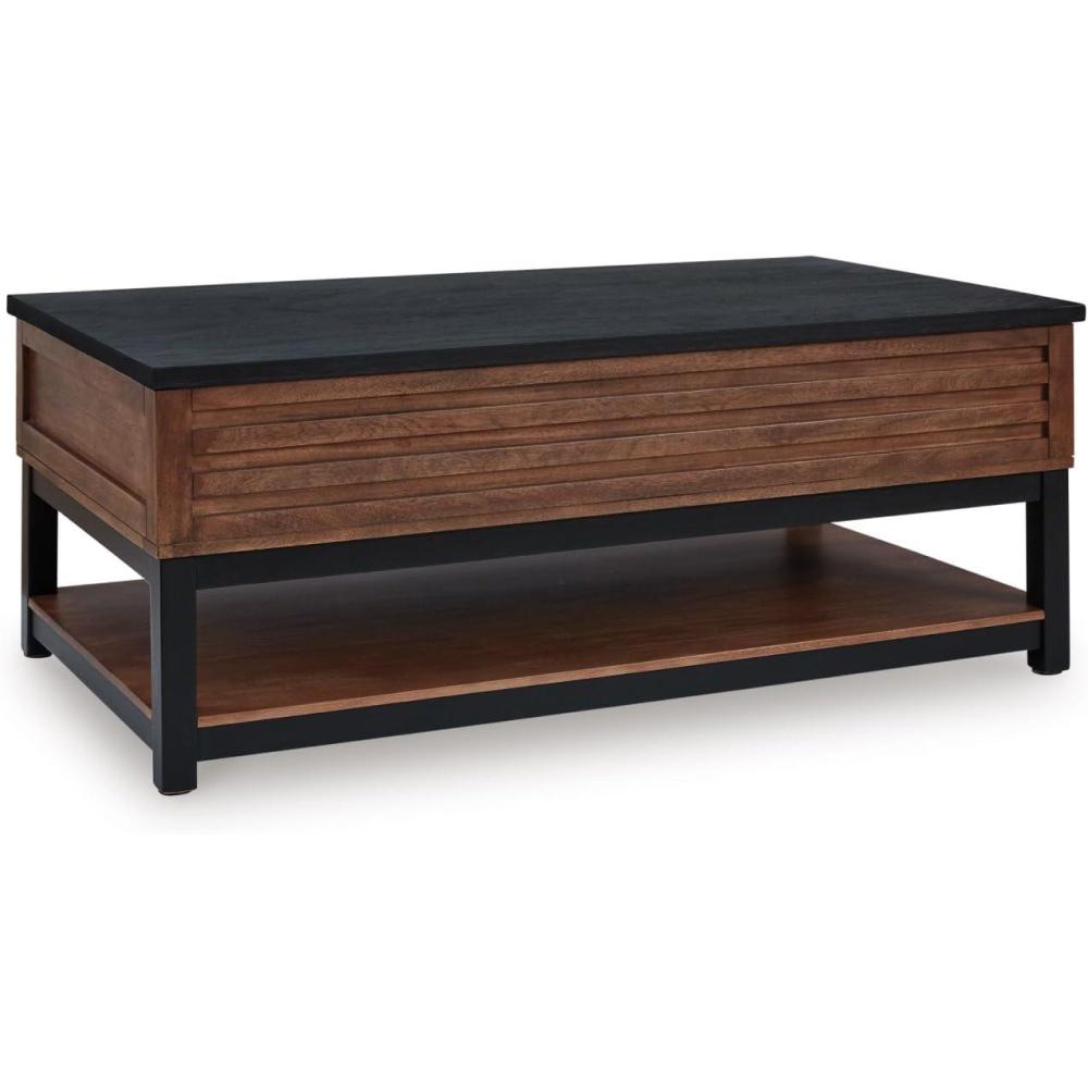 imageSignature Design by Ashley Kallari Casual Lift Top Coffee Table with 2 Storage Bins TwoTone Mango Wood 4775 W x 2625 D x 1963 H BrownBlackLiftTop Coffee Table