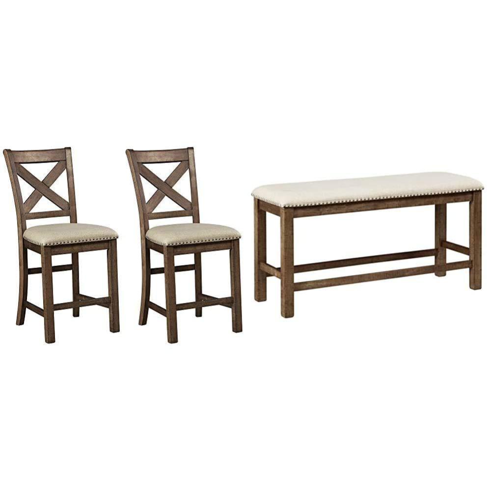 imageSignature Design by Ashley Moriville Rustic Farmhouse 245 Upholstered Barstool 2 Count Beige amp Brown Morriville Counter Height Upholstered Dining Room Bench Brown
