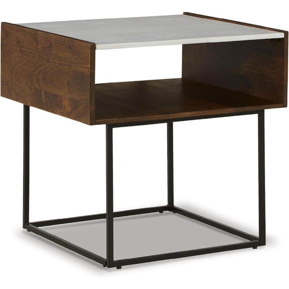 imageSignature Design by Ashley Rusitori Modern Rectangular End Table with White Marble Top Light Brown Wood Finish