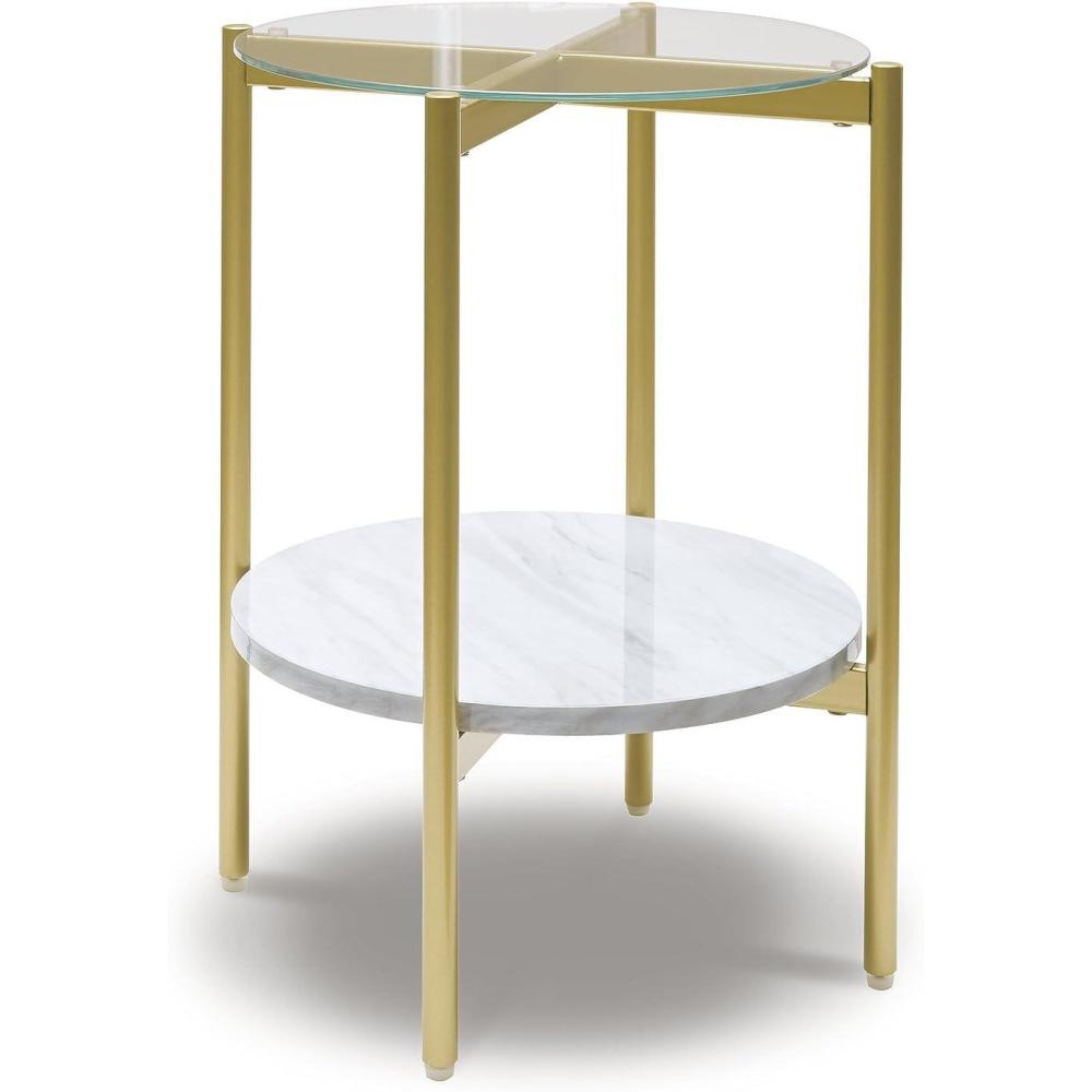 imageSignature Design by Ashley Wynora Contemporary Round End Table with Glass amp Faux Marble White amp Gold