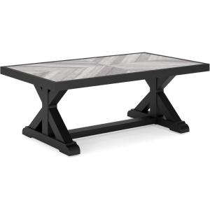 Signature Design by Ashley Beachcroft Farmhouse Weather and Rust Resistant Outdoor Coffee Table with Porcelain Tabletop, Black & Light Gray(Black)