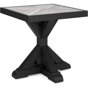 Signature Design by Ashley Beachcroft Farmhouse Weather and Rust Resistant Outdoor End Table with Porcelain Tabletop, Black & Light Gray(Black)