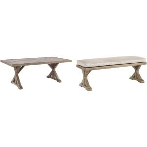 Signature Design by Ashley Beachcroft Modern Farmhouse Outdoor Dining Table with Porcelain Top and Upholstered Bench, Beige