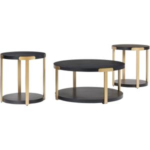Signature Design by Ashley Shylore Contemporary Occasional Table Set, Coffee Table and 2 End Tables, Wood, 36.25″ W x 36.25″ D x 18.13″ H, Black/Brass