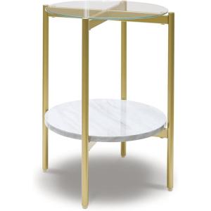 Signature Design by Ashley Wynora Contemporary Round End Table with Glass & Faux Marble, White & Gold