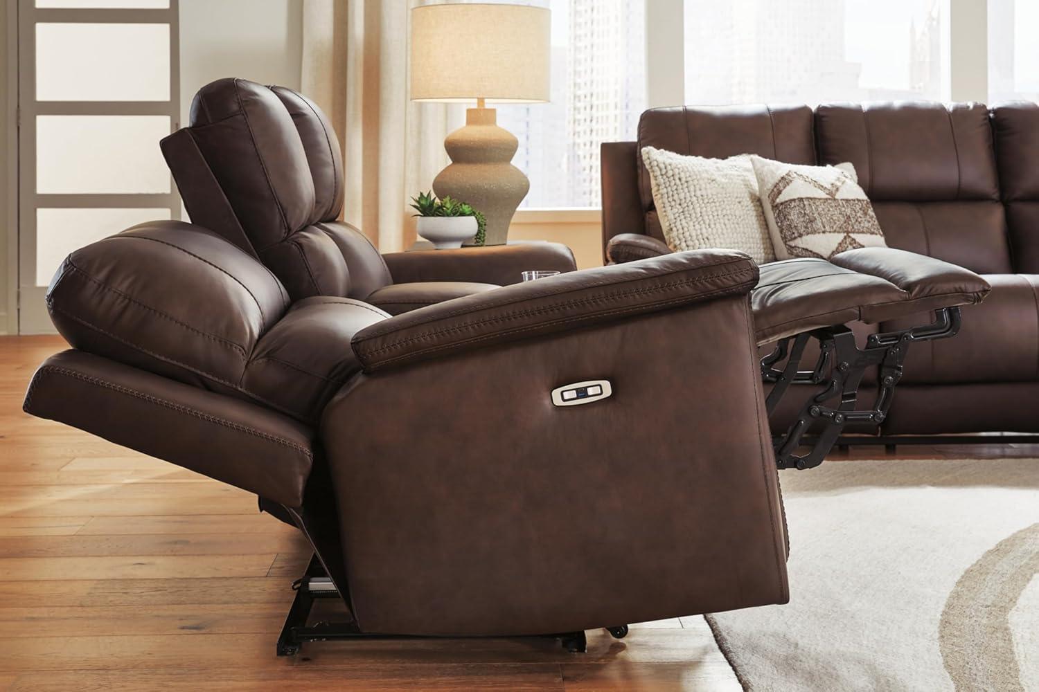 imageSignature Design by Ashley Beryton Power Reclining Sofa with Adjustable Headrest USBA amp USBC Charging OneTouch Reclining Leather 85 W x 41 D x 43 H BrownPower Reclining Loveseat with Console