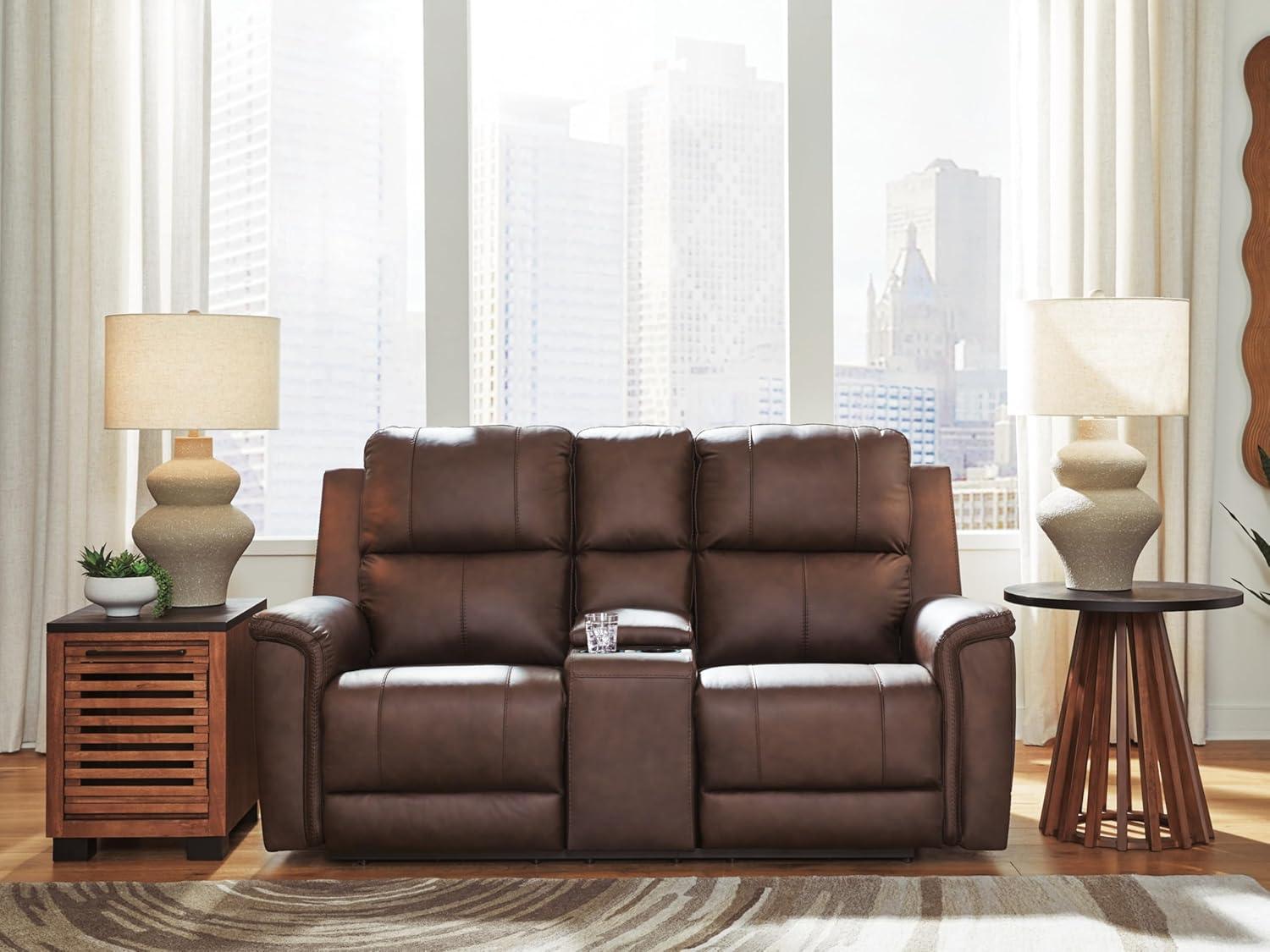 imageSignature Design by Ashley Beryton Power Reclining Sofa with Adjustable Headrest USBA amp USBC Charging OneTouch Reclining Leather 85 W x 41 D x 43 H BrownPower Reclining Loveseat with Console