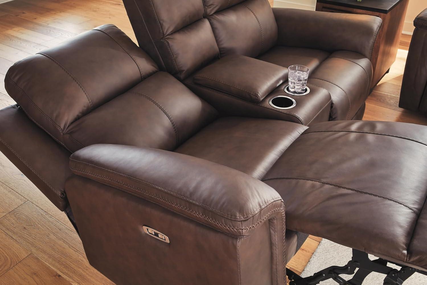 imageSignature Design by Ashley Beryton Power Reclining Sofa with Adjustable Headrest USBA amp USBC Charging OneTouch Reclining Leather 85 W x 41 D x 43 H BrownPower Reclining Loveseat with Console