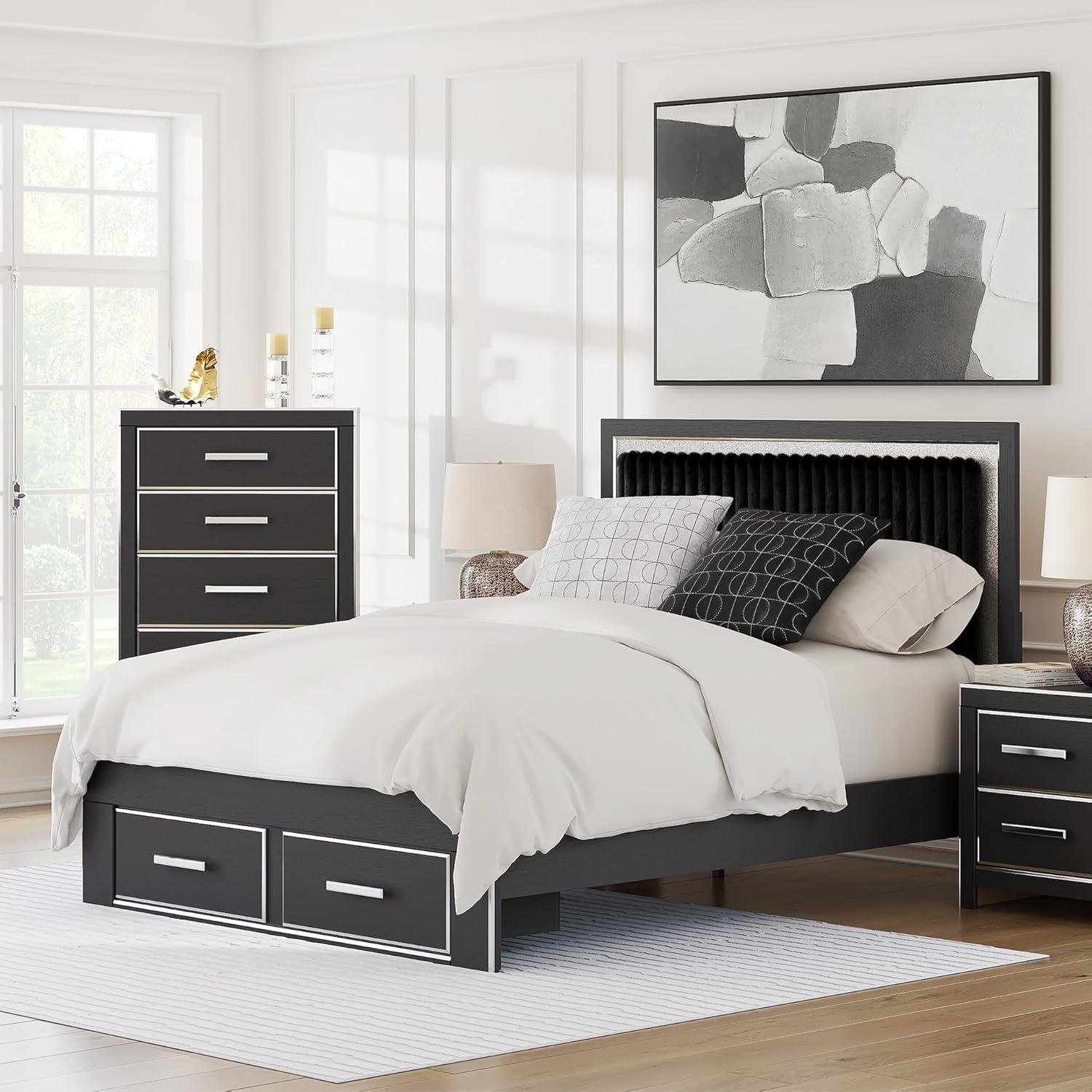 imageSignature Design by Ashley Birmonton Glam Upholstered Panel Storage Bed Foundation or Box Spring Needed King WhiteBlack