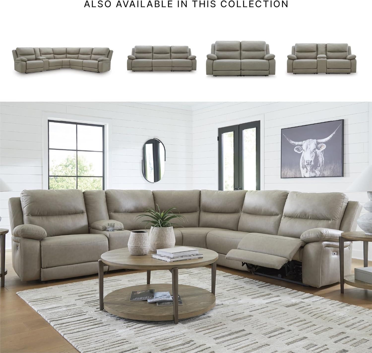 imageSignature Design by Ashley Brannigan LShape Symmetrical Contemporary Faux Leather 5Piece Power Reclining Sectional with USB Port and Adjustable Headrest Light Gray6Piece Reclining Sectional with Storage Console