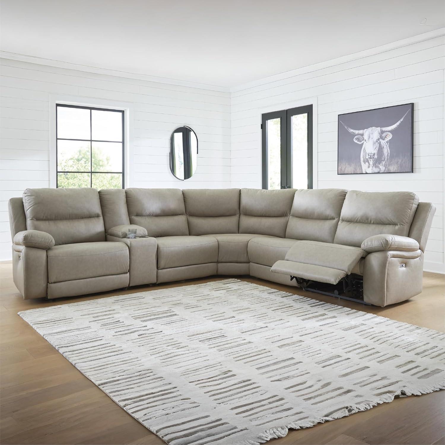 imageSignature Design by Ashley Brannigan LShape Symmetrical Contemporary Faux Leather 5Piece Power Reclining Sectional with USB Port and Adjustable Headrest Light Gray6Piece Reclining Sectional with Storage Console
