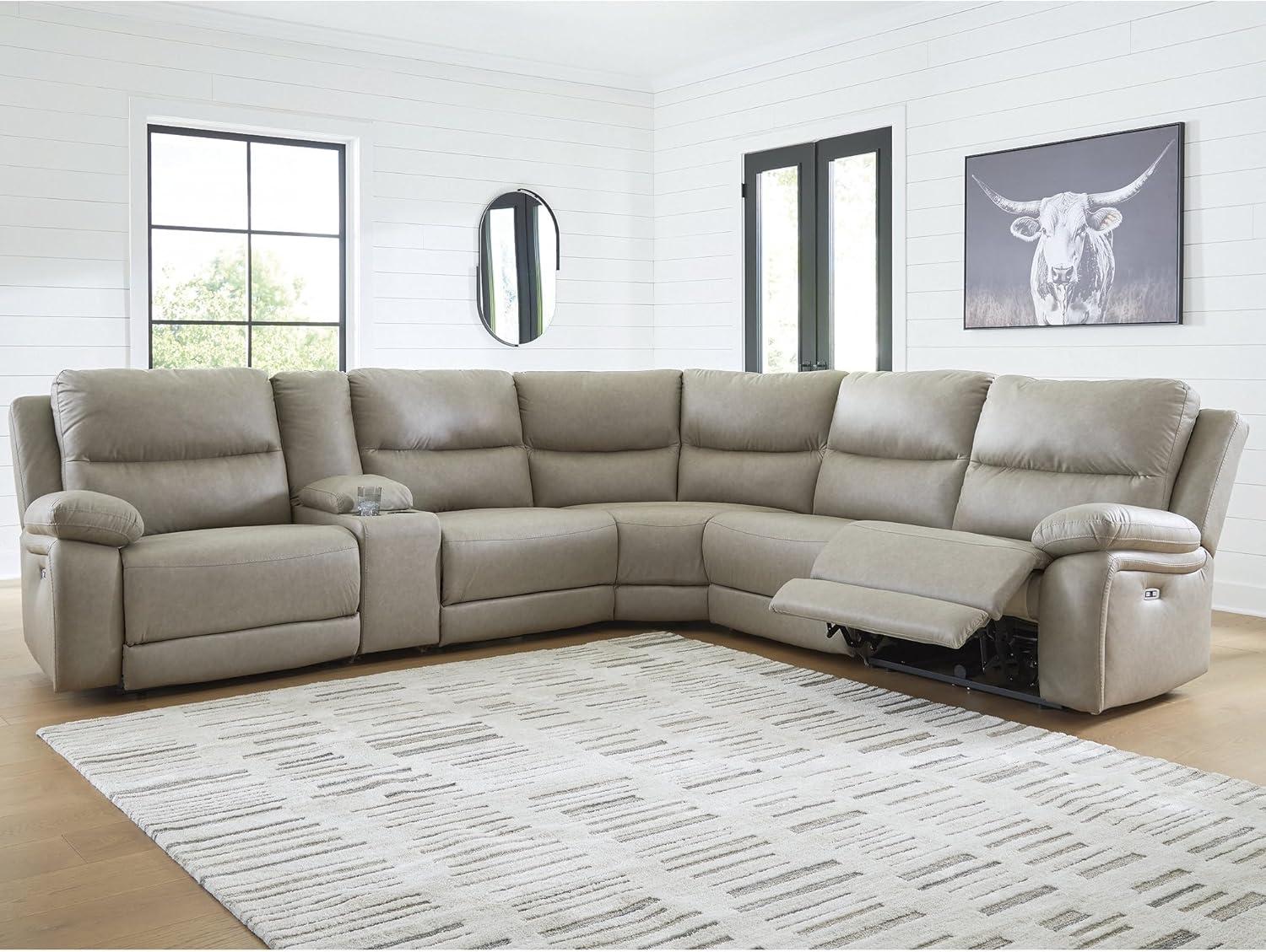 imageSignature Design by Ashley Brannigan LShape Symmetrical Contemporary Faux Leather 5Piece Power Reclining Sectional with USB Port and Adjustable Headrest Light Gray6Piece Reclining Sectional with Storage Console