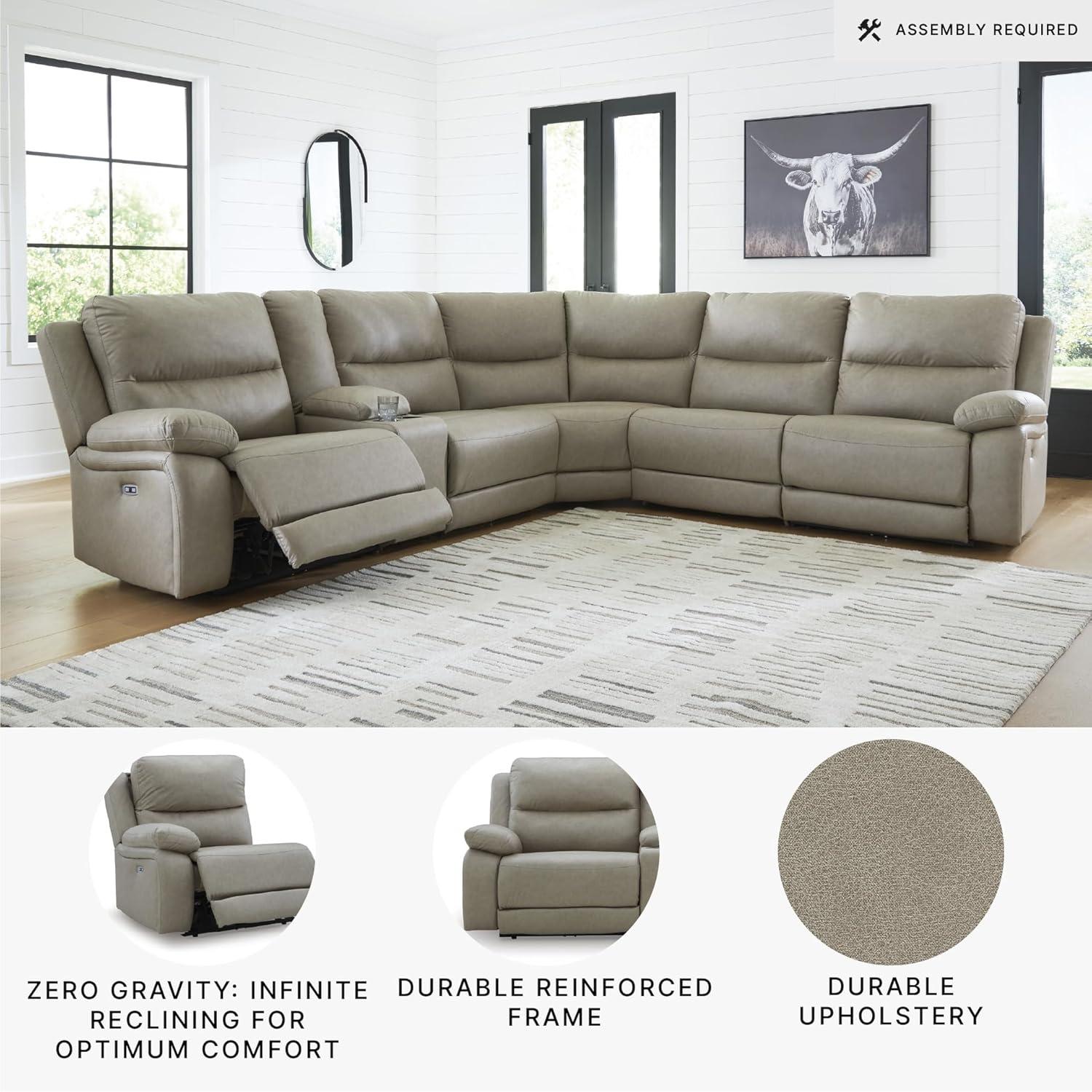 imageSignature Design by Ashley Brannigan LShape Symmetrical Contemporary Faux Leather 5Piece Power Reclining Sectional with USB Port and Adjustable Headrest Light Gray6Piece Reclining Sectional with Storage Console