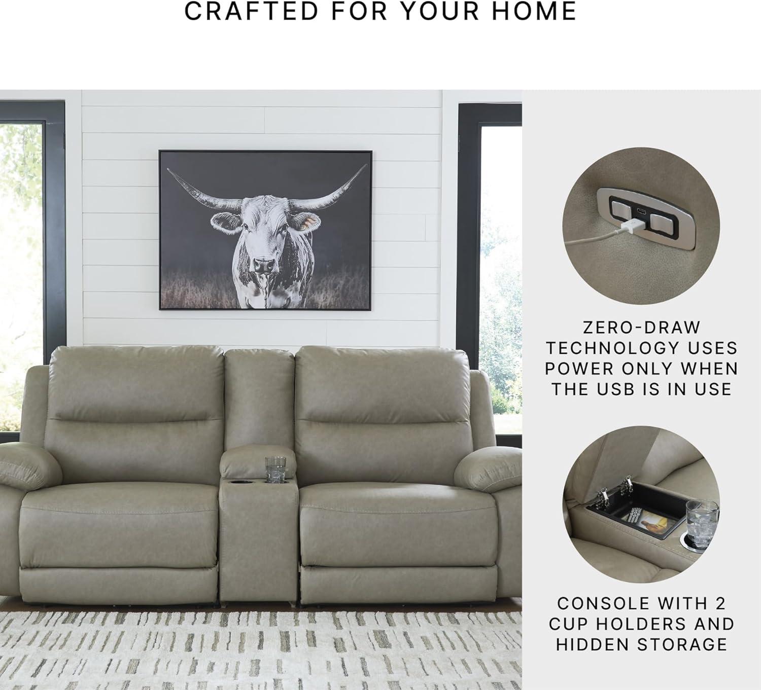 imageSignature Design by Ashley Brannigan LShape Symmetrical Contemporary Faux Leather 5Piece Power Reclining Sectional with USB Port and Adjustable Headrest Light Gray3Piece Power Reclining Sectional with Console