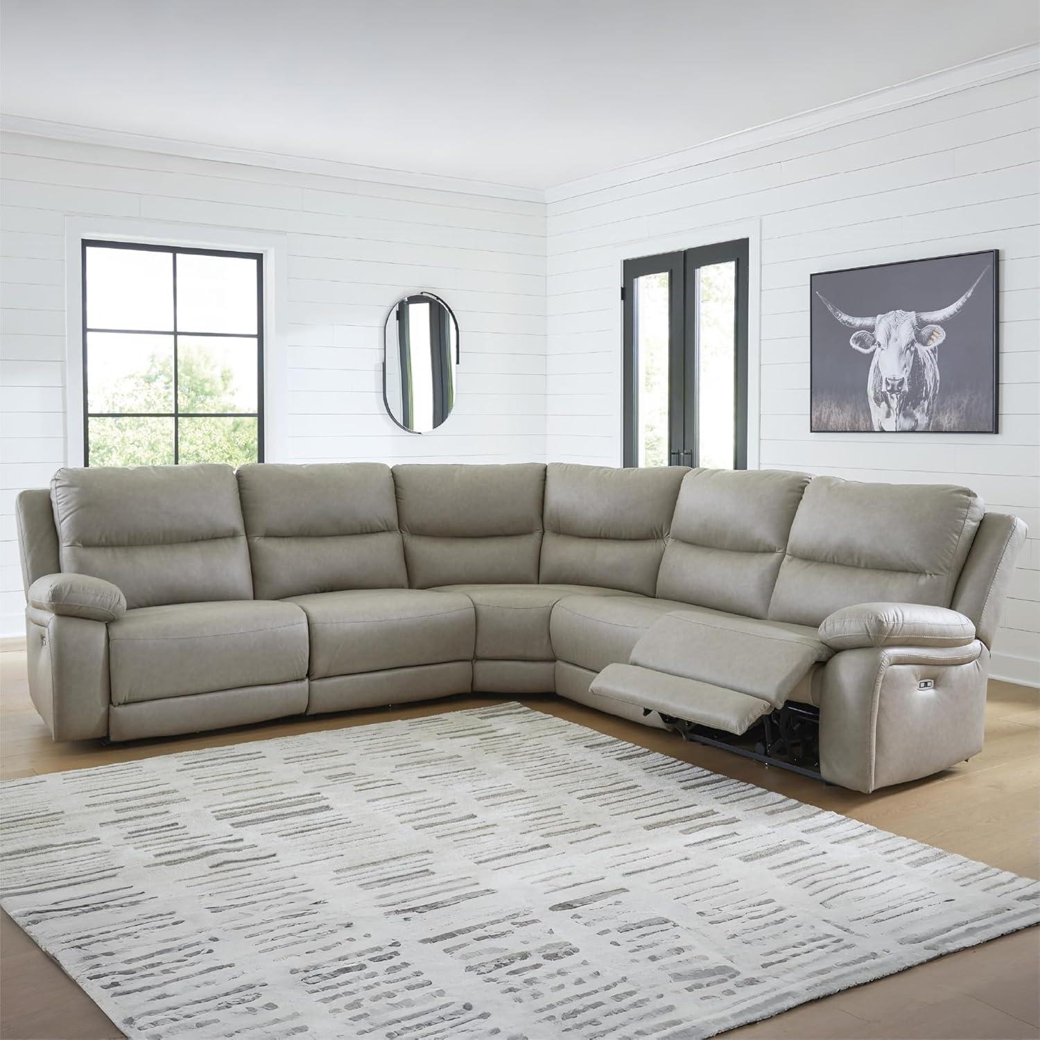 imageSignature Design by Ashley Brannigan LShape Symmetrical Contemporary Faux Leather 5Piece Power Reclining Sectional with USB Port and Adjustable Headrest Light Gray5Piece Power Reclining Sectional