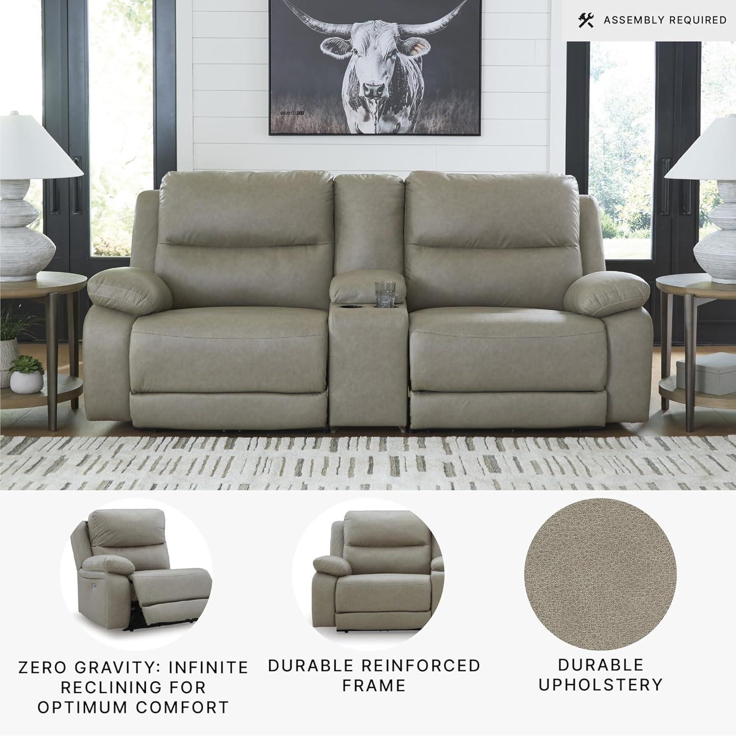 imageSignature Design by Ashley Brannigan LShape Symmetrical Contemporary Faux Leather 5Piece Power Reclining Sectional with USB Port and Adjustable Headrest Light Gray3Piece Power Reclining Sectional with Console